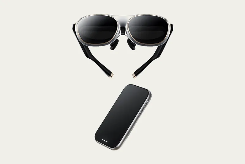 Rokid AR Spatial bundle: silver Rokid Max 2 display glasses above the Rokid Station 2 handheld hub