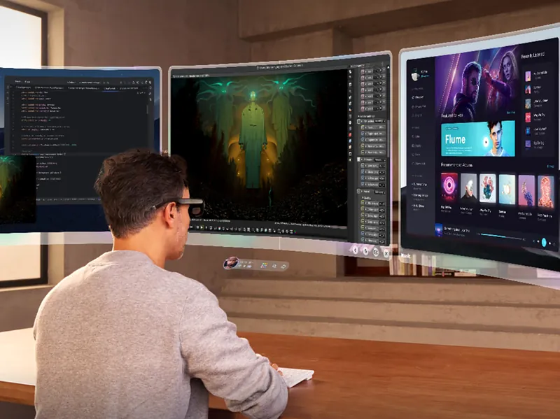 Rokid promotional illustration of the multi-screen mode: a person at a desk wearing the glasses, with three simulated floating windows