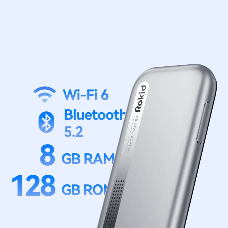 Rokid Station 2 hub in silver with Rokid branding, next to Rokid’s spec callouts: Wi-Fi 6, Bluetooth 5.2, 8 GB RAM, 128 GB storage